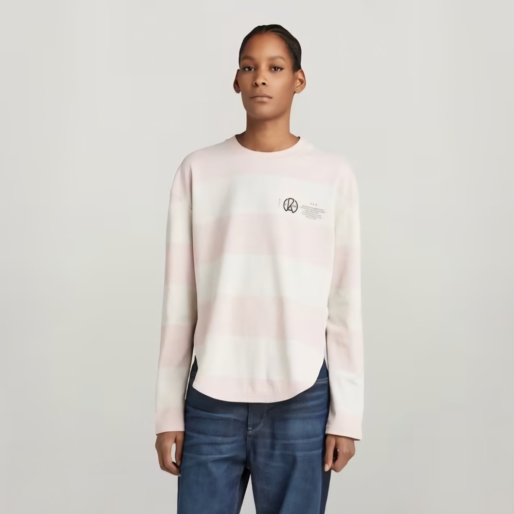 G-Star RAW Pink Striped Graphic Long Sleeve Top Curved Hem Oversized Size M NEW